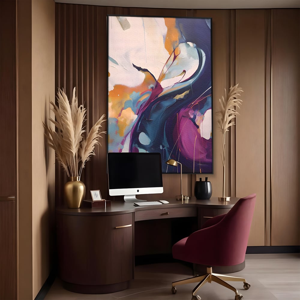 Tablou canvas cu pictura abstracta cu curbe fluide, in rama de aluminiu negru, pe perete intr-un birou